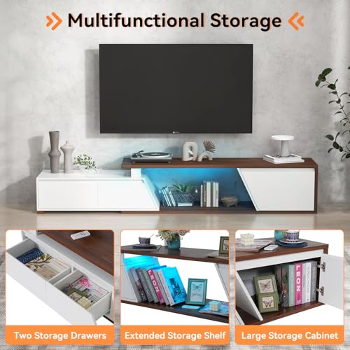 Verano Garden Extendable TV Stand with Led Lights, Wood TV Media Console with 2 Drawers & 1 Cabinet, Modern Entertainment Center Up to 90 Inch TV for Living Room Bedroom, 63" - 90.6" (White & Walnut) Verano Garden