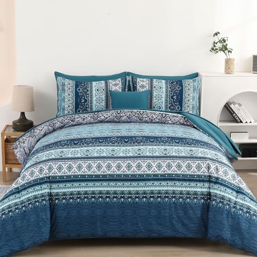 Cottolester Boho Blue Comforter Set Queen Size 8 Pieces,Teal Blue Comforter Bohemian Striped Bed in A Bag,Soft Microfiber Bedding Set for All Seasons Cottolester