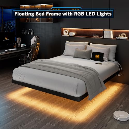 iPormis Full Size Floating Bed Frame with Charging Station and Led Light, Platform Metal Bed Frame with Heavy Duty Steel Slats Support, No Box Spring Needed, Noise-Free, Easy Assembly, Black iPormis