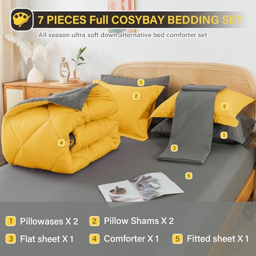 Cosybay Bed in a Bag Full Reversible Comforter Sets 7pcs All Season Down Alternative Bedding Sets Yellow and Grey with Comforter, Pillow Shams, Flat Sheet, Fitted Sheet and Pillowcase Cosybay