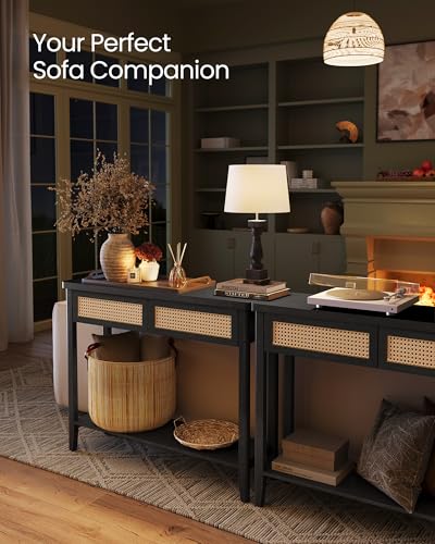 VASAGLE Console Sofa Table, Narrow Entryway Table, 2 Drawers, Open Storage Shelf, Rounded Corners, for Living Room, Boho Style, Ash Black ULNT016BF01S VASAGLE