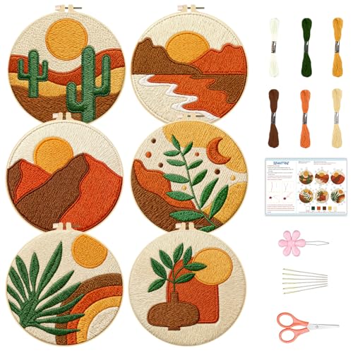 BEUNITONE Bohemian Embroidery Kit for Beginners, 6-Piece Stamped Needlepoint Craft Kits with Landscape, Sun, Moon, Leaves, Vase Designs, Complete DIY Handmade Embroidery Set for Relaxing Creative Fun