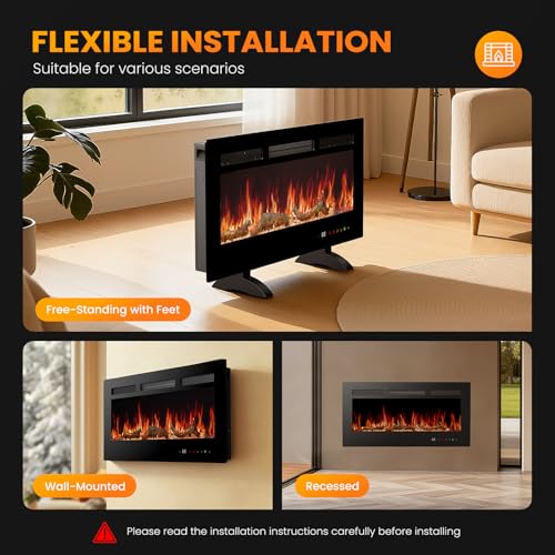 36" Electric Fireplace Insert, 1500W Wall Mounted & Recessed Fireplace Heater with Remote & Touch Screen, Adjustable Flame Color & Brightness, 12H Timer, Low Noise Electric Fireplace for Indoor Use Aidoly