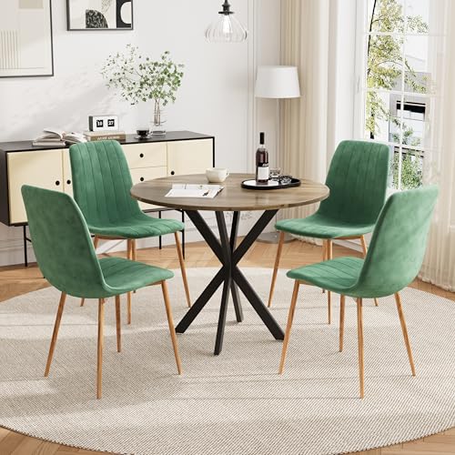 HAIZAO Small Round Dining Table Set for 4, 31.5'' Mid Century MDF Kitchen Table Set & 4 Green Wooden Velvet Dining Chairs, 5-Piece Retro Circle Dining Room Table Set for Home Apartment HAIZAO