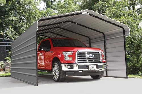 Arrow Carports Galvanized Steel Carport, with 2-Sided Enclosure, Compact Car Metal Carport Kit, 12' x 20' x 7', Charcoal Arrow Shed