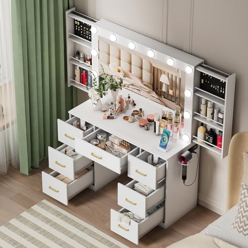 FURNJOYLIFE White Makeup Vanity Desk with Lighted Mirror & Power Outlet,3 Color Modes, Brightness Adjustable,Vanity Table with Drawer,Sliding 2 Storage Wall-Mounted Jewelry,4 Shelves for Bedroom FURNJOYLIFE