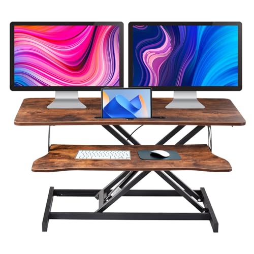 Standing Desk Converter 37 Inch – Easy Assembly Height Adjustable Sit Stand Desktop Riser with GasSpring Lift, Duals Monitor Laptop Workstation and Spacious Keyboard Tray, Ergonomic Converter (Brown) Generic