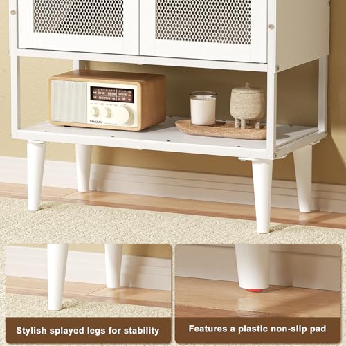 Shoe Storage Cabinet with Visible Mesh Doors for Entryway, Small Shoe Organizer Holds 12-16 Pairs of Shoes up to 11.8"L, Freestanding Wooden Shoe Rack with Front Door for Hallway, Living Room (White) Lyuwanxian