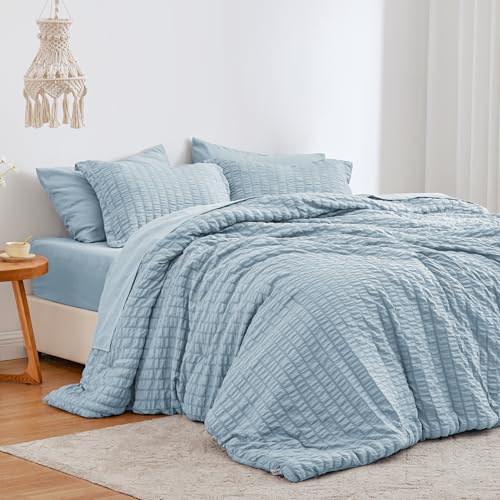 Love's cabin Seersucker Light Blue Twin Comforter Set, 5-Piece All Season Lightweight Bed in a Bag Bedding Set with Comforter, Flat Sheet, Fitted Sheet, Pillowcase and Sham Love's cabin
