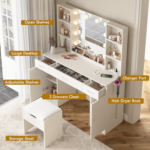 Vabches Makeup Vanity Table with Lighted Mirror & Power Strip, Large Vanity Set Vanity Desk with Storage Stool, 3 Lighting Modes, Brightness Adjustable, 45.2in(L) Vabches
