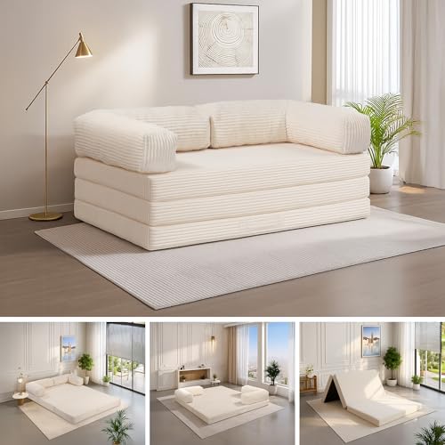 5-in-1 Convertible Sofa Bed,54" Boneless Couch Tri Folding Floor Mattress with Removable L-Shaped Armrests & Handle,Corduroy Futon Couch Sleeper with Pull Out Bed for Living Room Bedroom Apartment feliz home