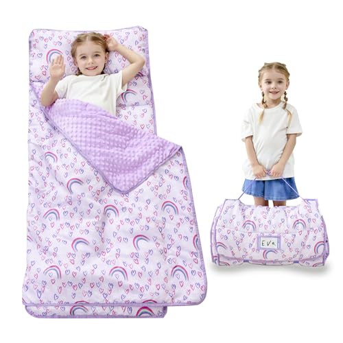 Lasoftan Toddler Nap Mat with Pillow and Blanket, Extra Large Rolled Napping Mats,Toddler Nap mats for Boys Girls, Kids Sleeping Mat for Daycare, Preschool Travel Camping, Rainbow lasoftan