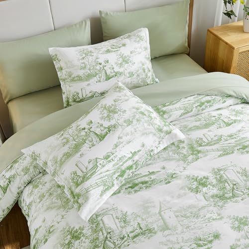 Green Comforter Set Full Size 7 Pieces, Elegant French Toile Botanical Bed in a Bag, Soft Microfiber Farmhouse Complete Bedding Set for All Season WONGS BEDDING