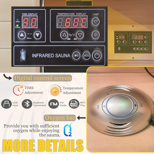 2-Person Infrared Sauna, Indoor Home Sauna Room Hemlock Wood Sauna Low EMF Far Infrared Heating with Tempered Glass Door Bluetooth Speakers, Chromotherapy Lights for Family(110V, 1850W)Truck delivery DWKWE