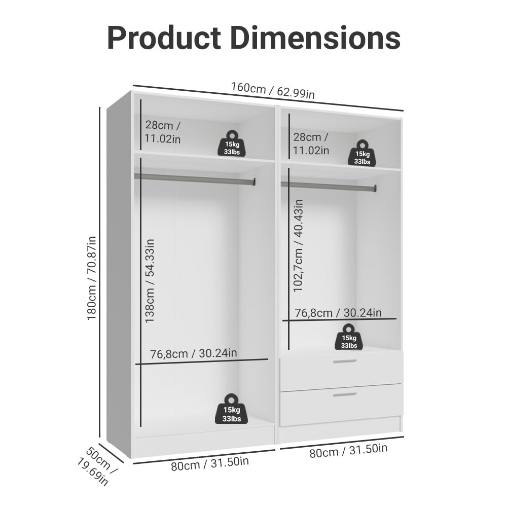 Madesa 4 Doors 2 Drawers Wardrobe Set, Armoire Closet Storage Cabinet, 63" L Wooden Clothing Organizer with Shelves and Hanging Space, White Madesa