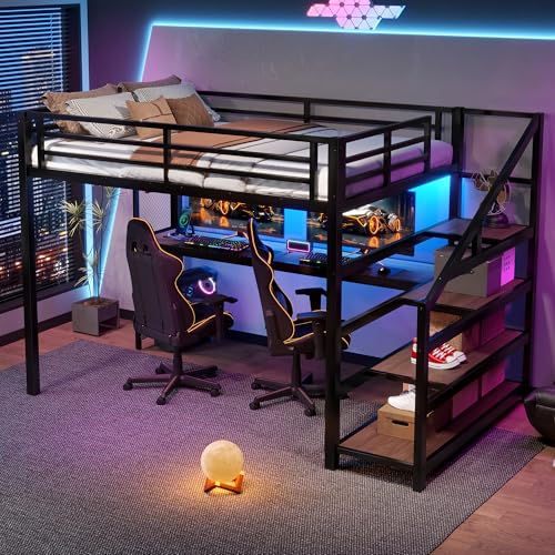 Bellemave Full Loft Bed with Desk & Storage Stairs, Metal Full Size Loft Bed Frame with Iron Nets, LED Lights & USB Ports, Heavy Duty Adult LoftBed for Bedroom, Noise-Free, Black Bellemave