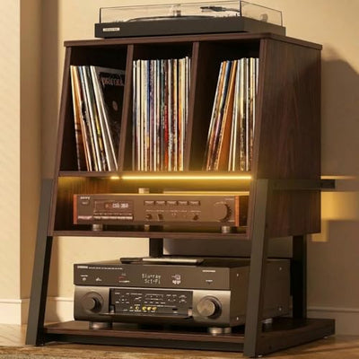 Homieasy Record Player Stand with Vinyl Storage Cabinet, 22" Record Player Table Up to 200 Albums, Large Wood Turntable Stand with Record Album Holder with Charging Station & LED Light, Espresso