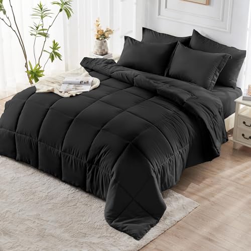 JOLLYVOGUE Queen Comforter Set, Ultra-Soft Bed in a Bag Queen Size 7 Pieces, Oeko-TEX Certified Bedding Set with Down Alternative Comforter, Sheets, Pillowcases & Shams, Black JOLLYVOGUE