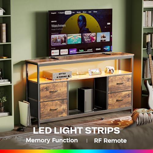 Huuger TV Stand Dresser with Power Outlets and LED Lights, 4 Drawers Entertainment Center with Shelves, 54 Inch Media Console for 55 60 Inch TV, 4 AC Outlets, 2 USBs, Rustic Brown Huuger