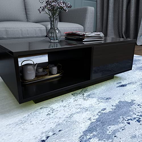 COSVALVE High Gloss LED Coffee Table with Drawer & 16 Colors LED Lights, Modern Living Room Coffee Table with Storage Space, Rectangle Sofa Side Central Table, Black (AA Battery) COSVALVE