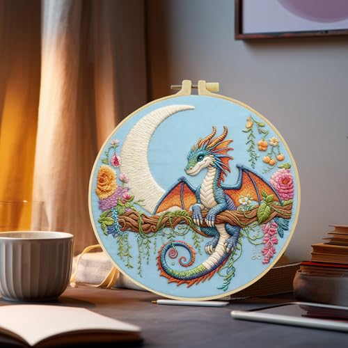 Black dragon handmade DIY embroidery kit,suitable for adult beginners,includes embroidery cloth, instructions, embroidery frame and needle and thread, suitable for holiday gifts (Blue Dragonfly)
