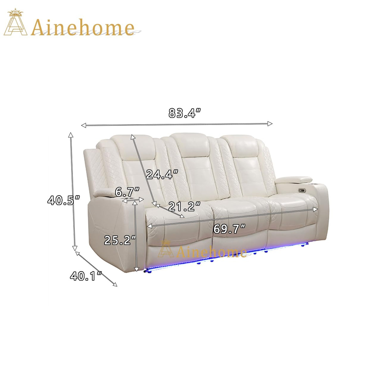 A Ainehome Power Leather Recliner Sofa Set with LED Lights, Recliner Sofa Sectional Couches for Living Room, Reclining Sofa and loveseat with USB Port/Storage Console(Creamy White,Sofa) A Ainehome