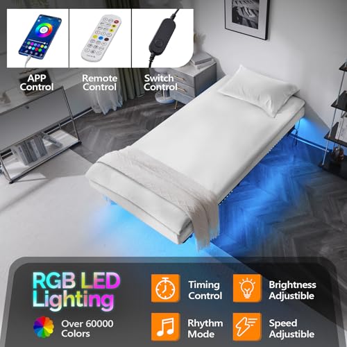 VINGLI 14 Inch Twin Floating Bed Frame with USB Charging Station/LED Lights, Single Platform Bed Foudation Base Heavy Duty Metal Slat, No Box Spring Needed,Black VINGLI