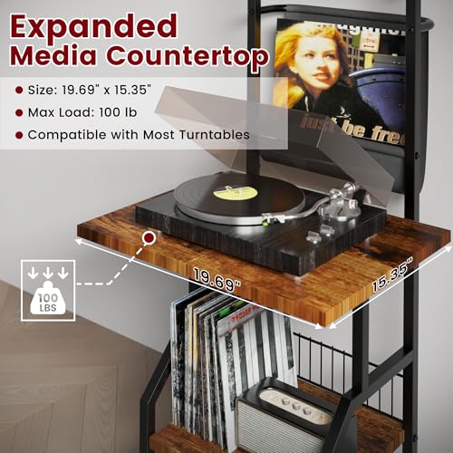 Lutown-Teen Record Player Stand with Vinyl Storage, Record Player Table Holds up to 200 Albums, 5-Tier Turntable Stand for Living Room, Rustic Brown Lutown-Teen