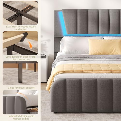 Decofy Queen Size LED Platform Bed Frame with Soft-Glow Mood Lighting & Adjustable Upholstered Headboard, Modern Linen Bed with Storage Drawers, Heavy Duty Metal Support, No Box Spring Needed, Grey Decofy