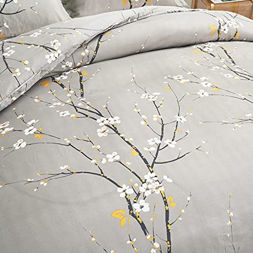 UOZZI BEDDING Gray Twin Size Duvet Cover Set with 2 Pillow Shams-Gray Branch Style 800 TC Zipper Closure 4 Corner Ties Adult Men Women Style Dots Floral White Tree Style Reversible Design UOZZI BEDDING