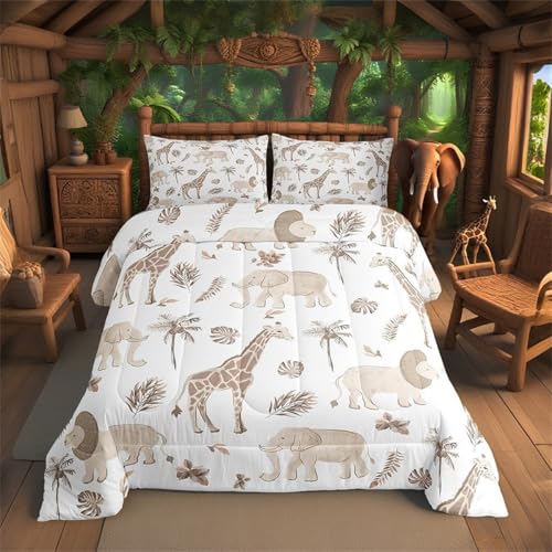 Feelyou Jungle Animals Comforter Twin Size Elephant Lion Giraffe Animal Bedding Sets African Safari Animal Duvet Set for Kids Boys Girls Hunter Brown Rust Wildlife Down Quilt Feelyou