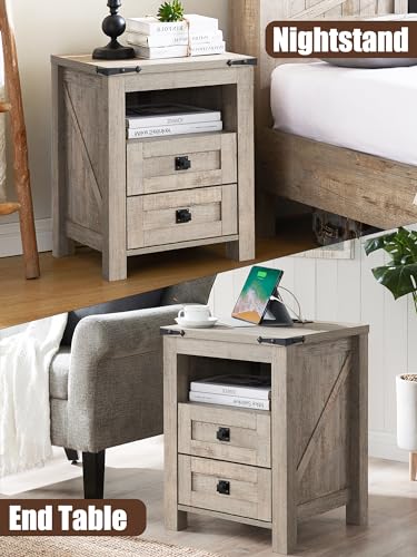 T4TREAM Nightstand wtih Charging Station, End Table, Side Table with 2 Drawers Storage Cabinet for Bedroom, Living Room, Farmhouse Design, Wood Rustic,Light Rustic Oak T4TREAM