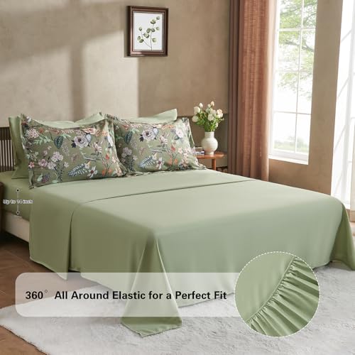 7 Piece King Comforter Set, Sage Green Butterfly Floral Comforter Set with Flowers Leaves Pattern, Soft Microfiber Complete Bedding Set for All Season(Sage Green, King) LLDSYW