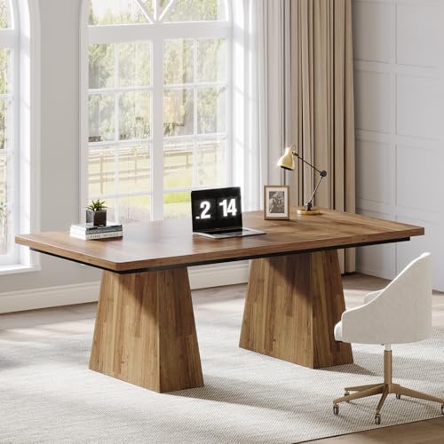 Tribesigns 63-Inch Executive Desk, Large Office Computer Desk with Double Pedestal, Modern Simple Workstations Writing Table Conference Table Business Furniture for Home Office, Light Brown Tribesigns