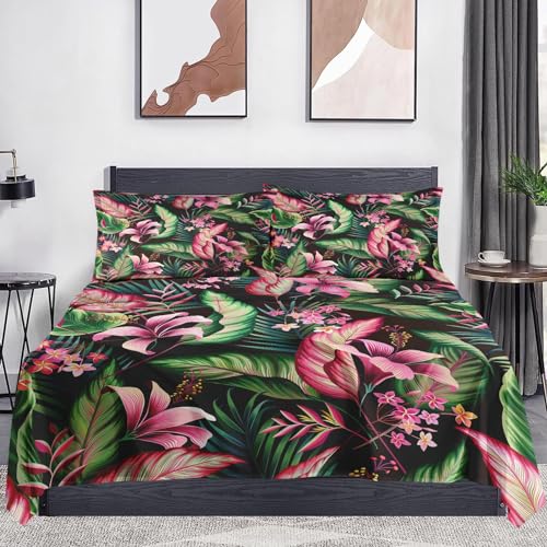 WeCozy 4 Pieces King Size Bed Sheet Sets with Pillowcases, Tropical Leaves Flower Hibiscus Soft Microfiber Bedding for Kids and Adults, Flat, Fitted Sheet for Bedroom Bed Decor WeCozy