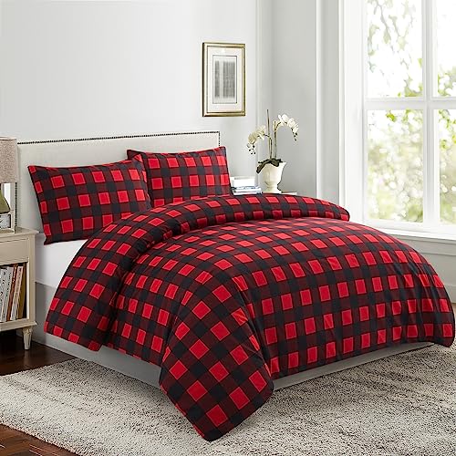 Marina Decoration Soft Silky Rich Printed Rayon from Bamboo All Season 3 Pieces Duvet Cover Fitted Sheet Ensemble Bedding Set with Zipper and Corner Tie, Red Black Plaid Pattern Twin/Single Size Marina Decoration