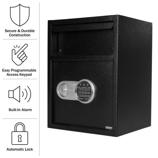 Electronic Safe Deposit Box - Drop Safe with Digital Keypad and 2 Manual Override Keys for Business Cash Drops or Home Safety by Paragon Safes (Black) Paragon Lock & Safe
