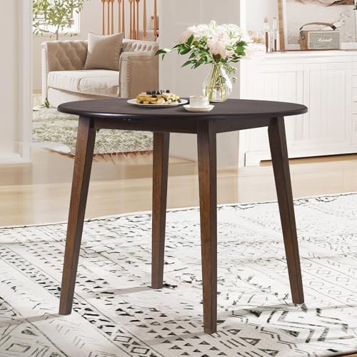 COLAMY 5-Piece Extendable Dining Table Set for 4, 36" Kitchen Round Wood Table with 4 Tufted Dining Room Chairs, Light Brown/Beige COLAMY