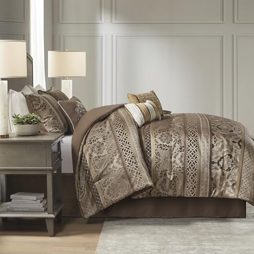 Madison Park Bellagio Cozy Comforter Set - Luxurious Jaquard Traditional Damask Design, All Season Down Alternative Bedding with Matching Shams, Decorative Pillow, Queen(90"x90"), Brown/Gold 7 Piece Madison Park