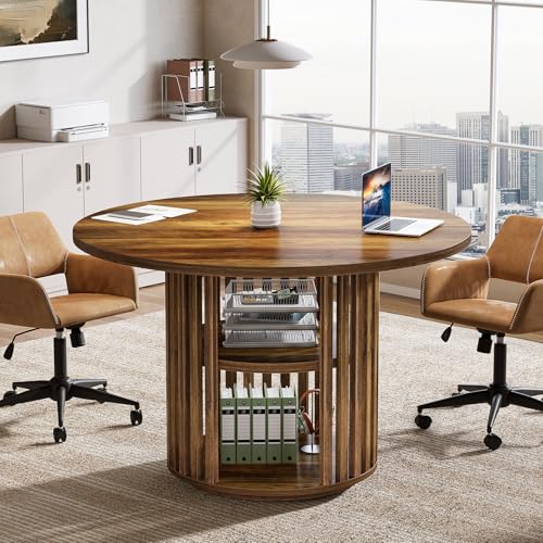 Tribesigns 47-Inch Round Conference Table for 4, Wooden Small Meeting Room Table with Storage Shelf and Solid Wood Base for Office, Conference Room, Brown Tribesigns
