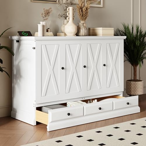 MERITLINE Farmhouse Queen Murphy Bed with Storage Drawer and Charging Station,Pine Wood Folding White Murphy Chest Bed Cabinet for Adults