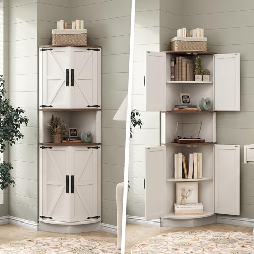 Vabches 64.8" Tall Farmhouse Corner Cabinet with 4 Doors and 5 Storage Shelves, Farmhouse Storage Cabinet with Barn Door Design, Home Space Saver for Living Room, Kitchen, Laundry Room,White Vabches