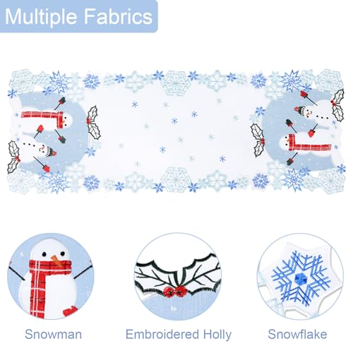 Christmas Table Runner 36 inches Long Snowman Snowflake Blue White Embroidered Dinning Table Decorations Winter Holiday Xmas YINFUNG