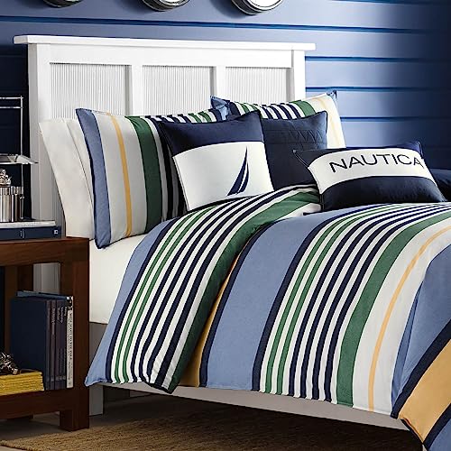 Nautica - Twin Comforter Set, Reversible Cotton Bedding with Matching Sham, Medium Weight for Year Round Use, Dorm Essentials, Oeko-Tex Certified (Dover Blue) Nautica