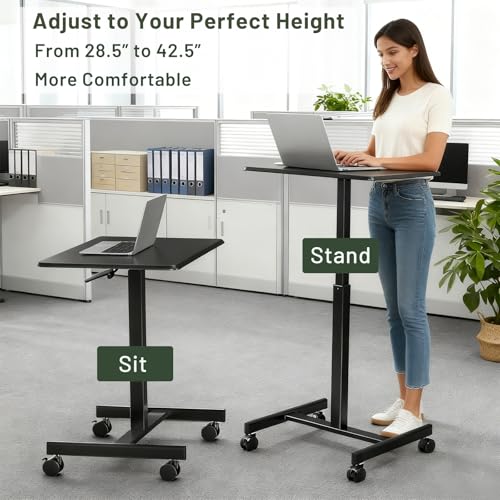 SageNest Adjustable Mobile Standing Desk, Rolling Sit-Stand Laptop Desk with Locking Wheels, Compact Portable Computer Table for Home Office or Dorm, Black SageNest