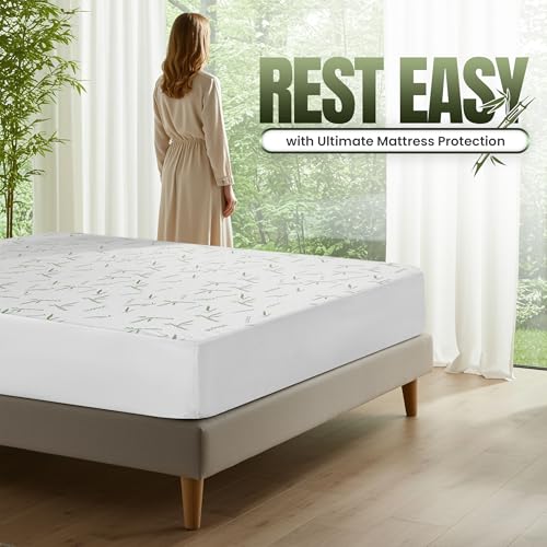 Utopia Bedding Waterproof Mattress Protector Queen Size Bed, Premium 200 GSM Bamboo Viscose Cooling Mattress Cover, Soft and Breathable, Fitted Style with 17 Inches Deep Stretchable Pockets Utopia Bedding