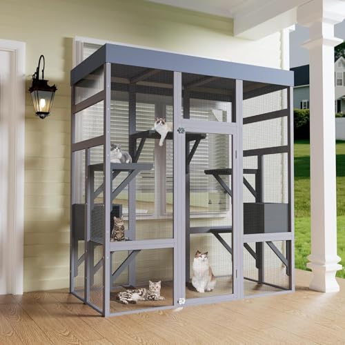 70" Large Catio Outdoor Cat Enclosure, Outdoor Cats Cage with Waterproof Cover,Wooden Walk in Cat Shelter Jumping Platforms & 2 Resting Box, UV Resistant MegaChoice