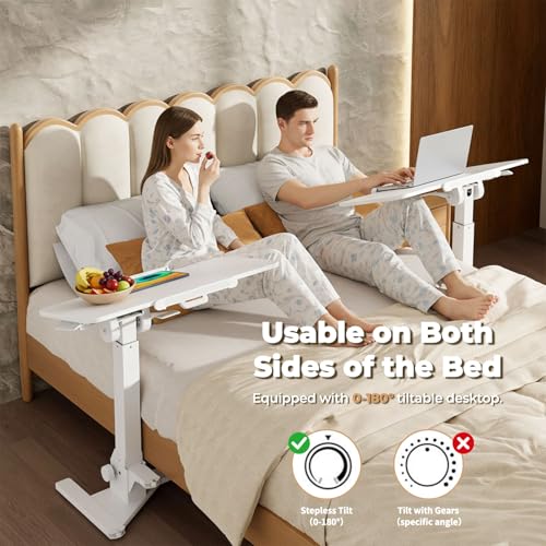 JOY worker Foldable Overbed Bedside Table, 180° Tiltable Mobile Standing Desk with Wheels, 31.5" Pneumatic Height Adjustable Rolling Laptop Desk for Home & Hospital Use, Easy Storage, White JOY worker