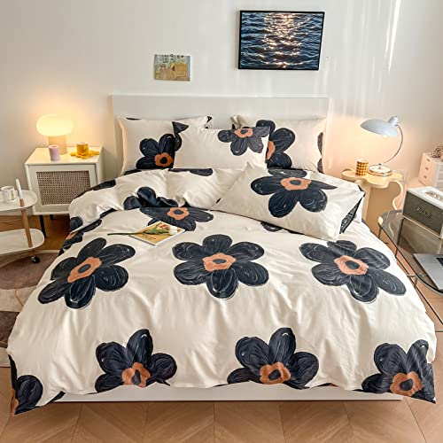 BlueBlue Flower Kids Duvet Cover Set, 100% Cotton Bedding for Boys Girls Teens Single Bed, Cartoon Cute Black Flower Floral Pattern Print on Cream White, 1 Comforter Cover 2 Pillowcase (Twin) BlueBlue