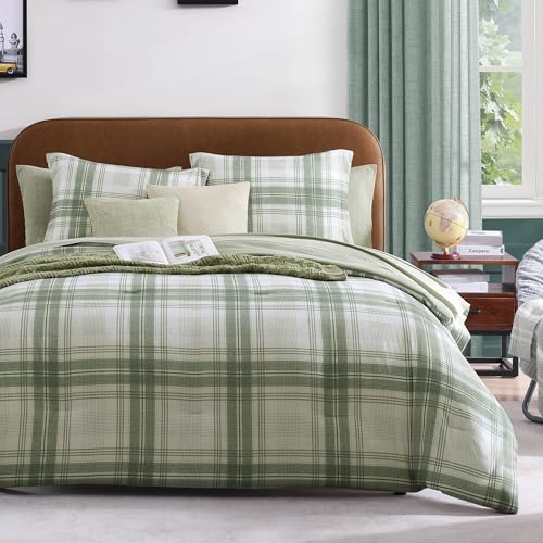 AMBERSPACE Twin XL Comforter Set, Green Plaid Bedding Set 5 Piece for Boys Girls Teen, Classic Homestead-Style Kids Comforter Set Bed in A Bag with Sheets, Pillowcase & Sham AMBERSPACE